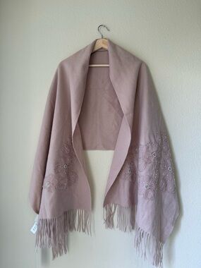Joie 100 %wool Floral Beaded Fringe Wrap - Dusty Rose